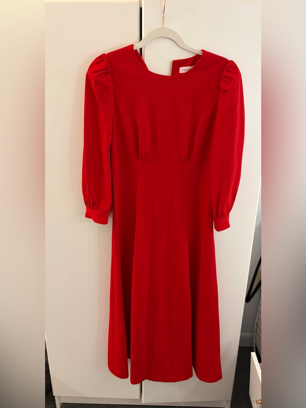 Calvin Klein Red Midi Dress with Puff Sleeves